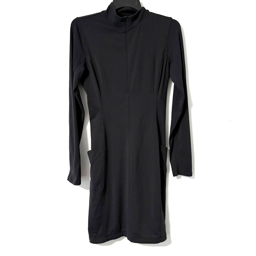 Athleta Delancey Dress Black Mock Neck Long Sleeve Zip Front Pockets Small